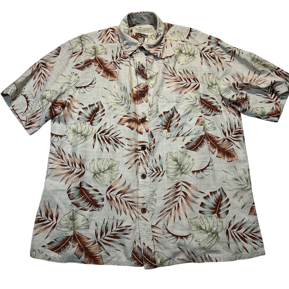 Island Republic Silk Button Down Shirt Mens Large Cream‎ Tropical Leaf Hawaiian